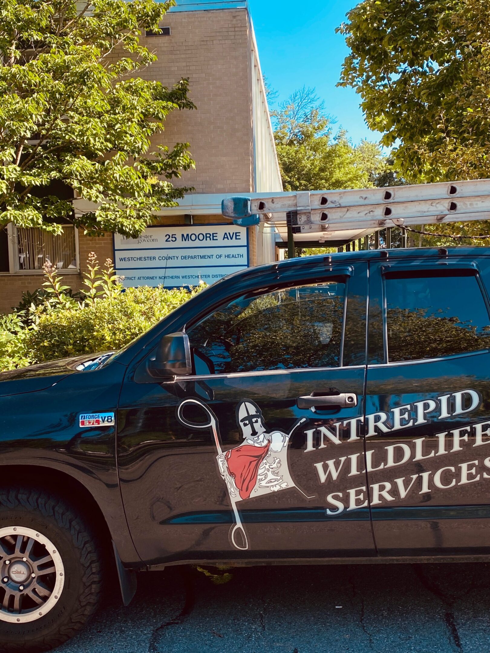 Intrepid Wildlife Services vehicle near sign